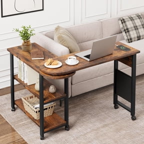 GOCAPTAIN 360° Rotating 2-Tier End Table with Charging Station and Storage Pocket, Mobile Side Table with 6 Lockable Wheels for Living Room, Bedroom or Office – Walnut