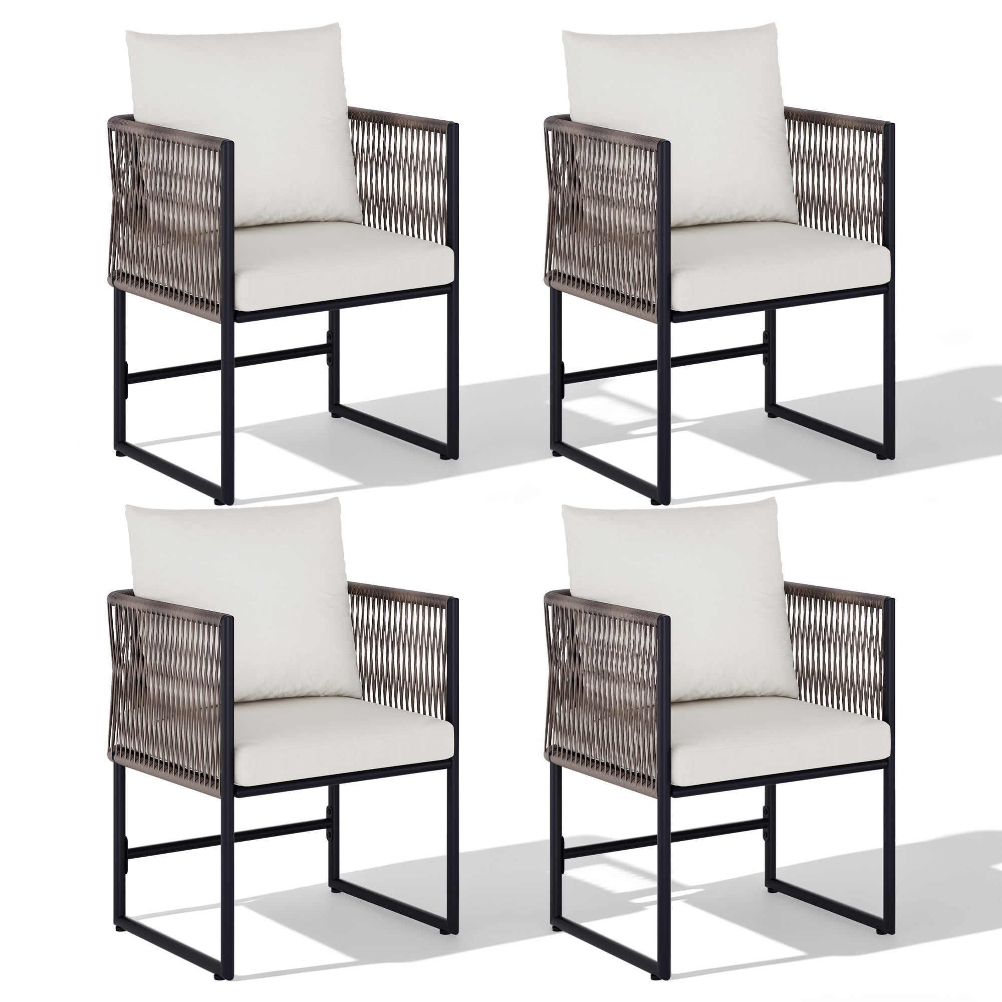 GOCAPTAIN 4-Pack Durable PE Rattan Outdoor Dining Chairs with Cushions, Comfortable Patio Garden Furniture Set for Balcony or Backyard – Set of 4, Beige