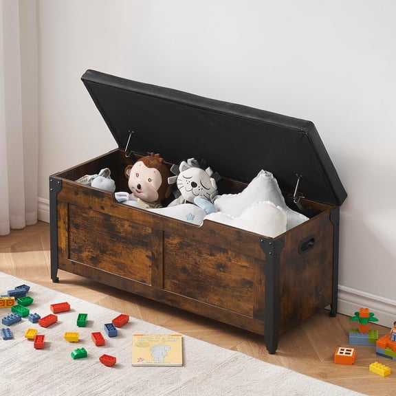 GOCAPTAIN 40" Farmhouse Storage Bench, Wooden Chest Organizer with Safety Hinges, 300 lbs Capacity, Toy Storage Chest for Bedroom, Entryway, Living Room, Retro Color