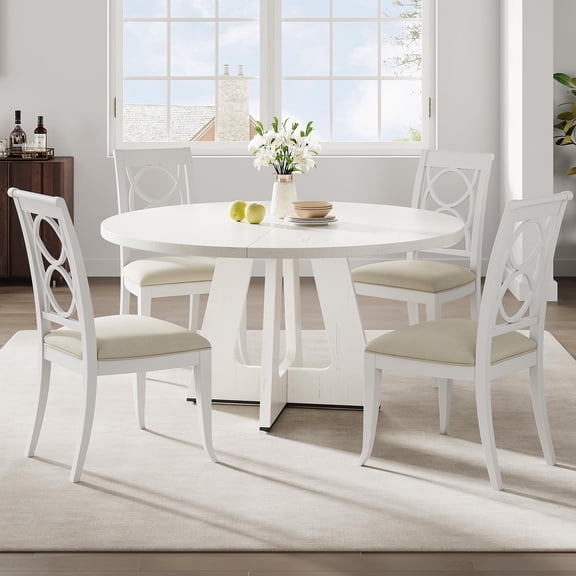 GOCAPTAIN 47" Dining Table for 4-6, Modern Round Wooden Kitchen Table with Cross Pedestal Base and Adjustable Leg for Dining Room, Kitchen, Antique White