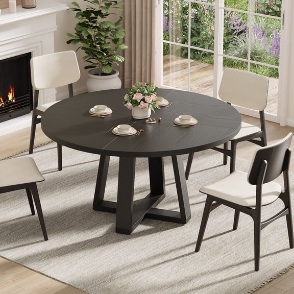 GOCAPTAIN 47" Round Dining Table for 4-6, Farmhouse Wood Kitchen Table With Sturdy Cross Base, Modern Dining Room Table for Kitchen, Living Room, Wood Grain Black