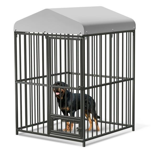 GOCAPTAIN 4x4x6 FT Outdoor Dog Kennel – Heavy Duty Large Dog Run with Waterproof Roof, Lockable Playpen, Stainless Steel Bowls – Outside Dog Cage for Yard Garden Backyard
