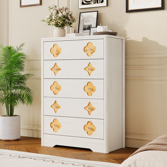 GOCAPTAIN 5 Drawer Dresser for Bedroom, Mid-Century Modern Wooden Chest of Dressers for Living Room, Entryway, Hallway, Antique White