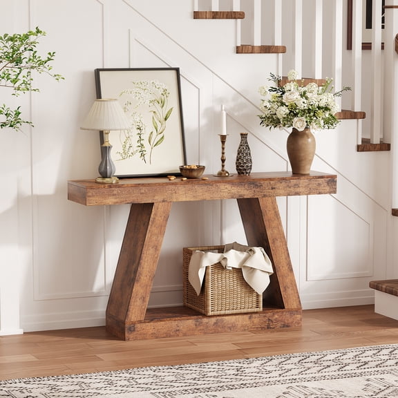 GOCAPTAIN 55" Farmhouse Console Table, 2-Tier Wooden Narrow Sofa Table for Living Room, Hallway, Entryway, Brown