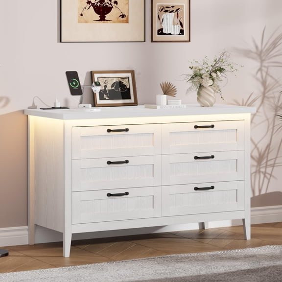 GOCAPTAIN 6 Drawer Dresser for Bedroom, Wooden Chest of Drawers with Power Outlet & LED Lights, Modern Storage Organizer for Hallway, Living Room, Bedroom, White