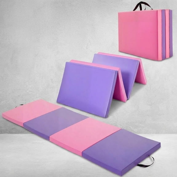 GOCAPTAIN 6' x 3' x 2" Folding Gymnastics Mat, 4-Panel Exercise Mat with Handles for Home Gym, Pilates, Pink-Purple