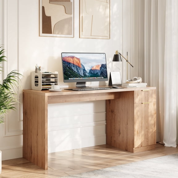 GOCAPTAIN 61" Executive Computer Desk with Drawer, Power Outlet & USB Ports – Adjustable Shelf, Fluted Cabinet Door, Golden Handles – Spacious Home Office Writing Table with Storage - Oak Color