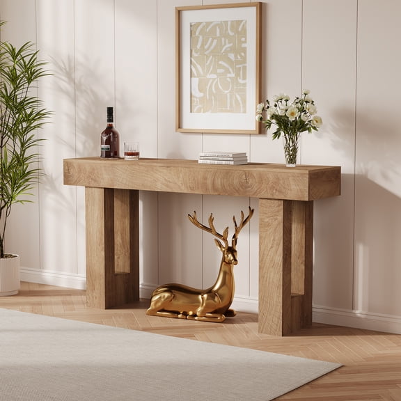 GOCAPTAIN 63" Console Table, Wood Narrow Entryway Sofa Table with Open Shelf for Living Room, Hallway, Wood Color