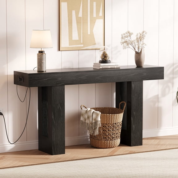 GOCAPTAIN 63" Console Table with Power Outlet, Modern Wooden Narrow Entryway Table for Living Room, Hallway, Foyer, Black