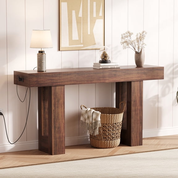 GOCAPTAIN 63" Console Table with Power Outlet, Modern Wooden Narrow Entryway Table for Living Room, Hallway, Foyer, Dark Brown