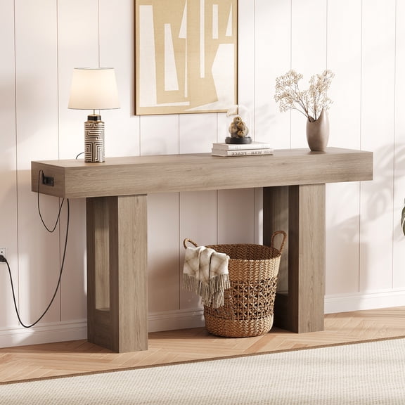 GOCAPTAIN 63" Console Table with Power Outlet, Modern Wooden Narrow Entryway Table for Living Room, Hallway, Foyer, Gray