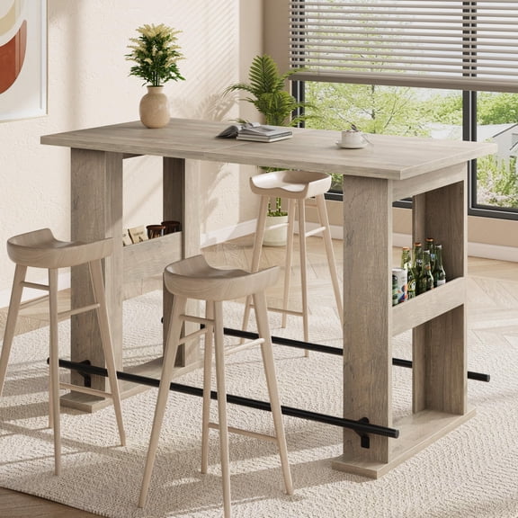 GOCAPTAIN 63-Inch Farmhouse Counter Height Bar Table Dining Table with Storage and Metal Footrest, Wooden Coffee Pub Table for Kitchen, Dining Room or Living Room, Gray