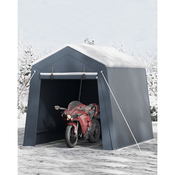 GOCAPTAIN 6x8ft Portable Carport Garage with Roll-Up Zipper Doors & Ventilated Window, Outdoor Car Canopy for Motorcycle, Bike, Garden Tools, Double Gray