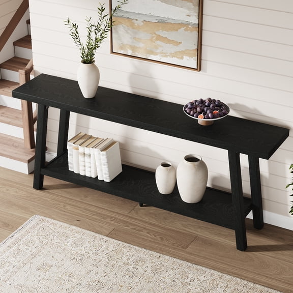 GOCAPTAIN 70" Console Table, Modern Wooden Entryway Table with 2-Tier Storage Shelves, Narrow Sofa Table for Living Room, Hallway, Black