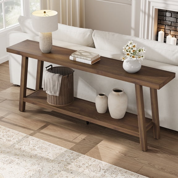 GOCAPTAIN 70" Console Table, Modern Wooden Entryway Table with 2-Tier Storage Shelves, Narrow Sofa Table for Living Room, Hallway, Brown