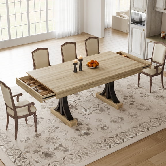 GOCAPTAIN 71" Modern Dining Table for 6-8, Rectangular Wood Dining Table with 2 Storage Drawers, Metal Frame & Thickened Tabletop for Dining Room, Kitchen, Aged Natural Wood Color