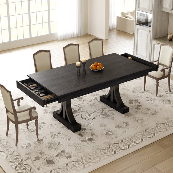GOCAPTAIN 71" Modern Dining Table for 6-8, Rectangular Wood Dining Table with 2 Storage Drawers, Metal Frame & Thickened Tabletop for Dining Room, Kitchen, Black