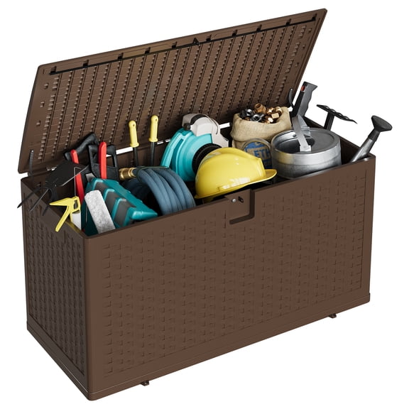 GOCAPTAIN 73 Gallon Deck Box, Lockable Resin Outdoor Storage Box, Waterproof UV Resistant Outdoor Organizer for Patio, Garden, Pool, Imitation Rattan, Brown
