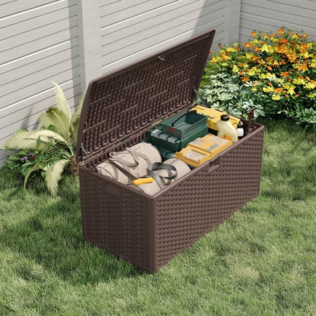 GOCAPTAIN 99 Gallon Deck Box, Lockable Resin Outdoor Storage Box, Waterproof Outdoor Container for Patio, Garden, Backyard, Brown, Woven Strap