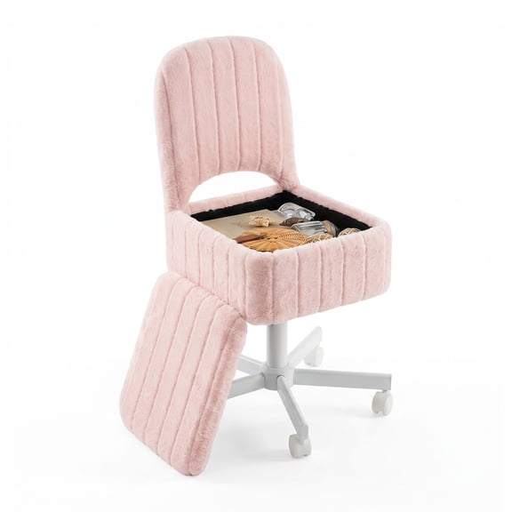GOCAPTAIN Adjustable Height 360° Swivel Vanity Stool Makeup Stool – White Padded Ottoman with Folding Backrest, Silent Wheels, Soft Faux Rabbit Fur – for Bedroom, Office - Color: Pink, Size: Small