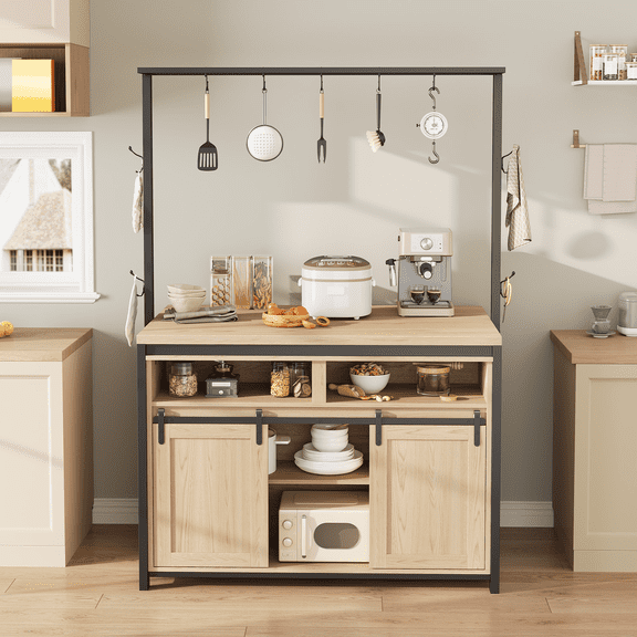 GOCAPTAIN Bakers Rack Microwave Stand – Kitchen Storage Shelf with Charging Outlet, Sliding Door Cabinet & Open Shelves, Coffee Bar Table with Hooks for Dining Room Kitchen, Wood Color