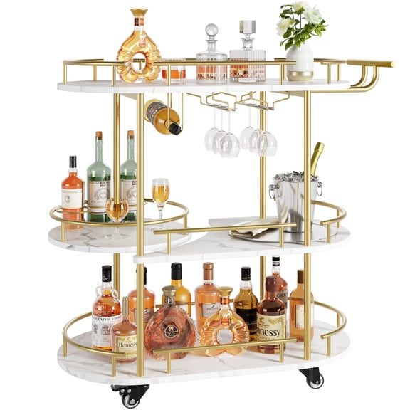 GOCAPTAIN Bar Cart Serving Cart with Wine Rack & Glass Holder – 4-Tier Gold Rolling Cart, Storage Shelves with 360° Rotating Turntable for Home Bar, Kitchen, Dining, Living Room, gold