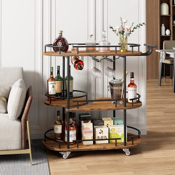 GOCAPTAIN Bar Cart Serving Cart with Wine Rack & Glass Holder – 4-Tier Gold Rolling Cart, Storage Shelves with 360° Rotating Turntable for Home Bar, Kitchen, Dining, Living Room, Black paint + retro