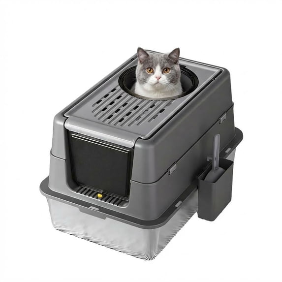 GOCAPTAIN Cat Litter Box Litter Box – Stainless Steel Large High Sided with Lid, Non-Stick, Odor Resistant & Leak-Proof, Anti-Slip Bottom, Easy Clean Metal Tray – for All Cats – Light Black