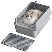 GOCAPTAIN Cat Litter Box Litter Box   XL Stainless Steel High Sided Enclosure with Lid, Splash-Proof, Non-Stick, Metal Tray Includes Scoop   for Cats & Kittens - Gray 23.6" x 15.7" x 11.8"