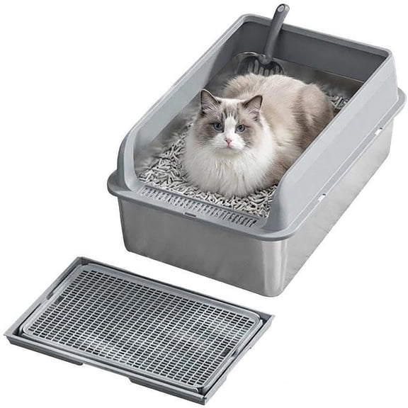 GOCAPTAIN Cat Litter Box Litter Box – XL Stainless Steel High Sided Enclosure with Lid, Splash-Proof, Non-Stick, Metal Tray Includes Scoop – for Cats & Kittens - Gray (23.6" x 15.7" x 11.8")
