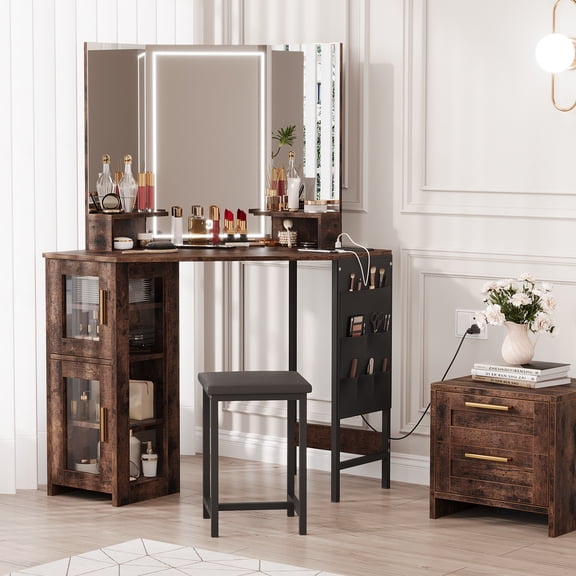 GOCAPTAIN Corner Makeup Vanity Desk with LED Mirror and a Stool, Built-In Charging Station and Storage Cabinet, Modern Space-Saving Dressing Table for Bedroom – LED Mirror, Walnut