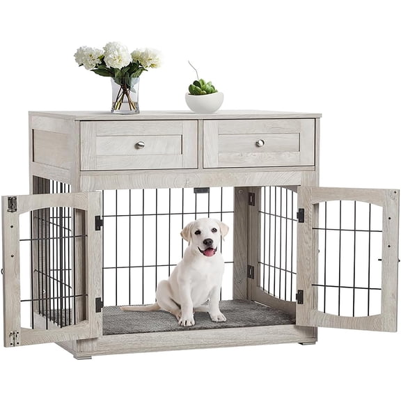 GOCAPTAIN Dog Crate Furniture Dog Crate End Table – 3-Door Wooden Kennel with 2 Drawers & Cushion, Farmhouse Style 40" Indoor End Table Dog Cage for Medium/Large Breeds