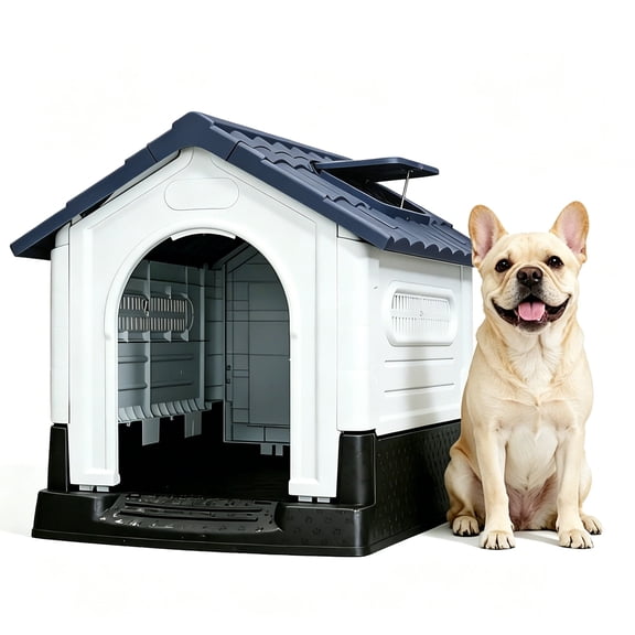GOCAPTAIN Dog Kennel Pet Kennel – Weatherproof Collapsible Plastic Kennel with Adjustable Roof Vent. Elevated Base. Easy Assembly – Waterproof Dog House for Yard. Patio. Indoor Outdoor Use,Small Gray
