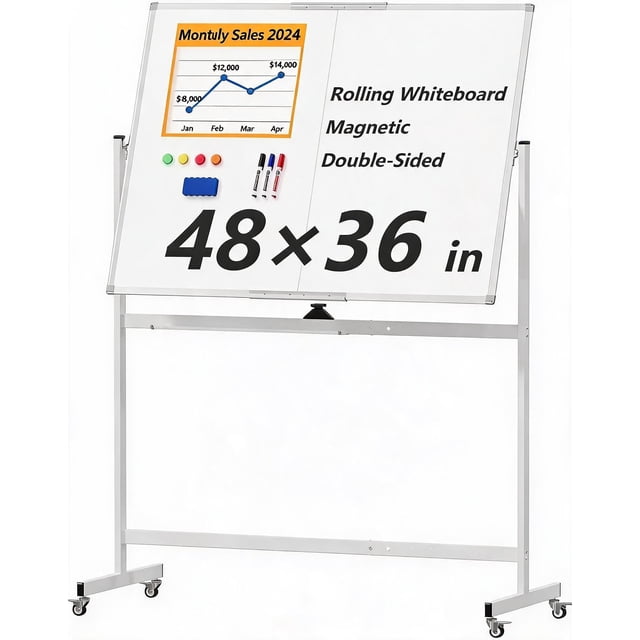GOCAPTAIN Double-Sided Magnetic Whiteboard on Wheels Mobile Dry Erase ...