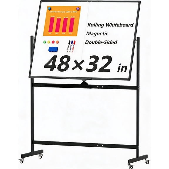 GOCAPTAIN Double-Sided Magnetic Whiteboard on Wheels Mobile Dry Erase Board – Height Adjustable Easel with Easy Clean Surface & Rolling Stand – for Office, School, Home – Black, 48"×32"