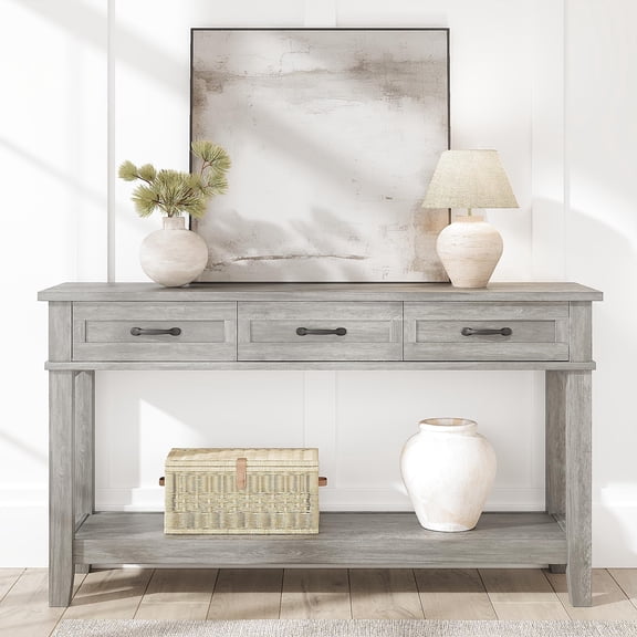 GOCAPTAIN Farmhouse Console Table with 3 Drawers, 54" Narrow Sofa Table with Open Shelf for Living Room, Hallway, Grey