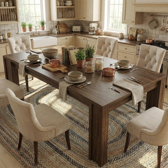GOCAPTAIN Farmhouse Dining Table for 6-8, 71" Rectangular Wood Kitchen Table with Thick Tabletop & Wide H-Legs, Walnut