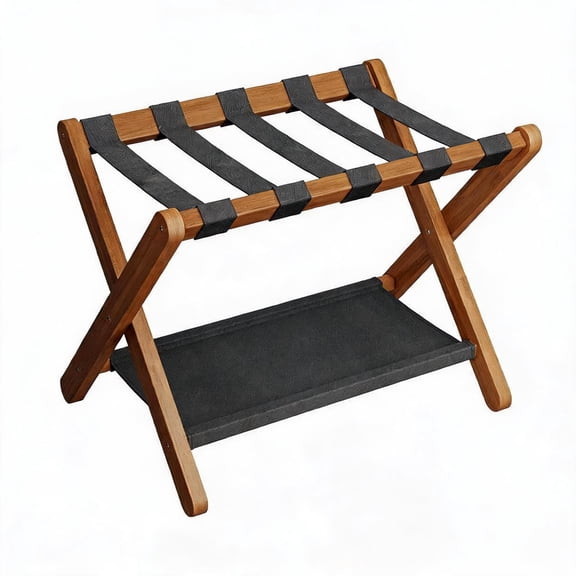 GOCAPTAIN Foldable Bamboo Luggage Rack with Shelf and Nylon Straps, 110 lbs Capacity, Portable Suitcase Stand for Bedroom, Guest Room or Hotel – Brown