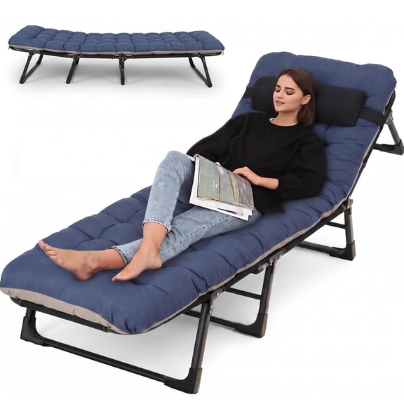 GOCAPTAIN Folding Camping Cot for Adults, 75"x26.8" Portable Folding Bed with Removable Mattress Pad, Pillow & Carry Bag, Extra Wide Sleeping Cot for Camp, Office, Travel, Blue&Gary