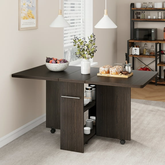 GOCAPTAIN Folding Dining Table with Drop Leaf, 2-Tier Storage & 6 Locking Wheels, Space-Saving Design for Kitchen, Dining Room, Apartments, Dark Walnut with Handle
