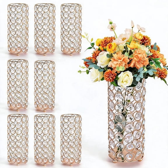 GOCAPTAIN Gold Cylindrical Crystal Centerpiece Vase and Candle Holder Set, Elegant Flower Stand for Table, Wedding and Home Decor – Gold, 8-Piece, Height 7.87IN