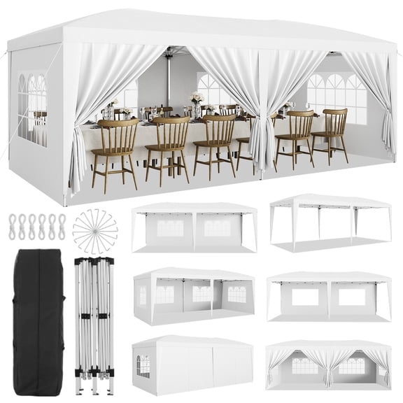 GOCAPTAIN Heavy Duty 10x20 FT Pop Up Canopy Tent with 6 Sidewalls, Easy Setup Outdoor Shading Shelter for Events, Parties, White
