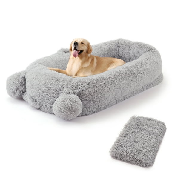 GOCAPTAIN Human Dog Bed Extra Large Floor Bed Couch – 71x45x12 Inch Foam Mattress with Washable Faux Fur Cover, Storage Pockets & Carry Handle – Comfortable Floor Bed for Adults and Pets - Light Gray