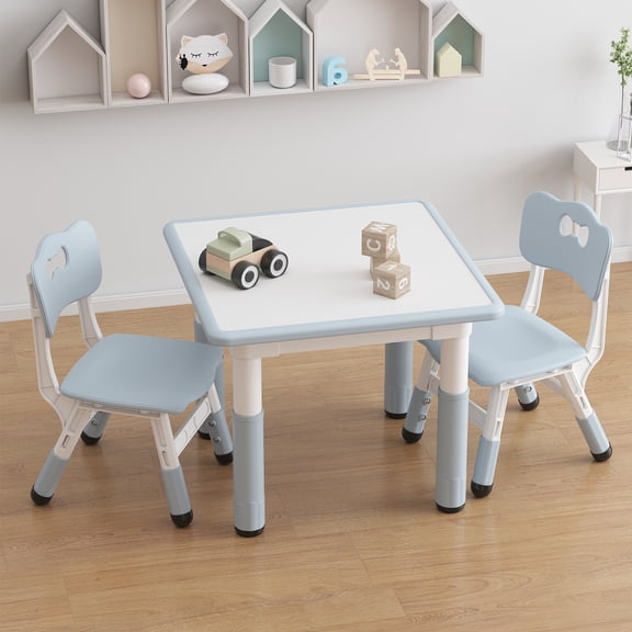 GOCAPTAIN Kids Table and 2 Chairs Set, Height Adjustable Toddler Table and Chairs Set with Graffiti Desktop & Non-Slip Feet for Home, Classroom, Daycare, Light Gray