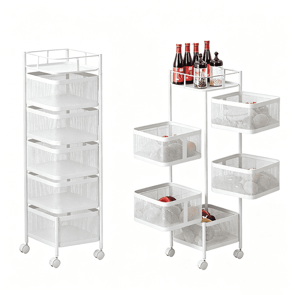 GOCAPTAIN Kitchen Storage Cart Rolling Cart – 6-Tier Rotating Metal Mesh Rack, Lockable Wheels, Breathable Baskets – Space-Saver for Fruits, Vegetables, Pantry, Multi-Room, White