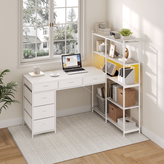 GOCAPTAIN L Shaped Desk Computer Desk – 47.2" Corner Workstation with 6 Drawers, 5-Tier Shelves, LED Lights & Power Outlets – Modern Home Office Gaming Desk – White Embossed Finish