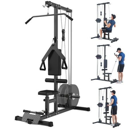 GOCAPTAIN LAT Pull Down Machine for Home Gym, Multi-Functional Cable Workout Equipment with Dual Pulley System, Adjustable Seat & Knee Support, 500LB Capacity, Full Black