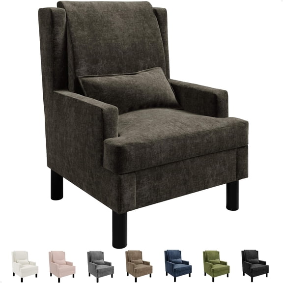 GOCAPTAIN Mid-Century Modern Chenille Armchair with Thick Padding and Pillow, Upholstered Single Lounge Chair with Metal Legs for Living Room, Bedroom, Nursery or Study, Dark Brown