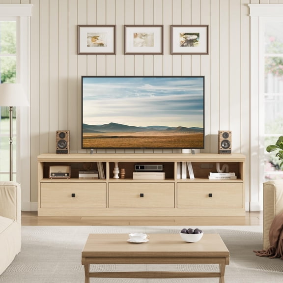 GOCAPTAIN Mid-Century Modern TV Stand for 70-75" TVs, 3 Drawers, Open Shelves, Cable Management, Media Television Stand Entertainment Center, Wood Color