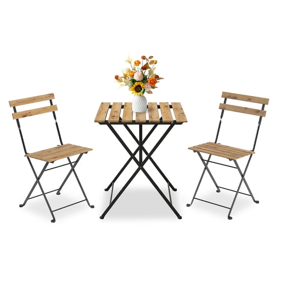 GOCAPTAIN Patio Bistro Set Folding Patio Chairs – 3-Piece Outdoor Table & 2 Chairs Set, Weather-Resistant Metal Frame with Natural Wood Finish, Space-Saving for Balcony, Garden, Porch